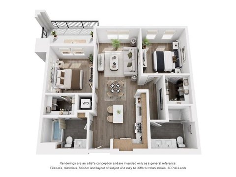 A 3D floor plan of a small apartment with a kitchen, living room, and bathroom.